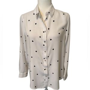 JANE + DELANCEY White Button Down Blouse with Black Hearts Size Small